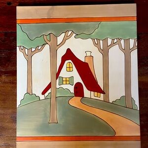 Mary Engelbreit cottage scene 12" x 15" ceramic wallhanging.
